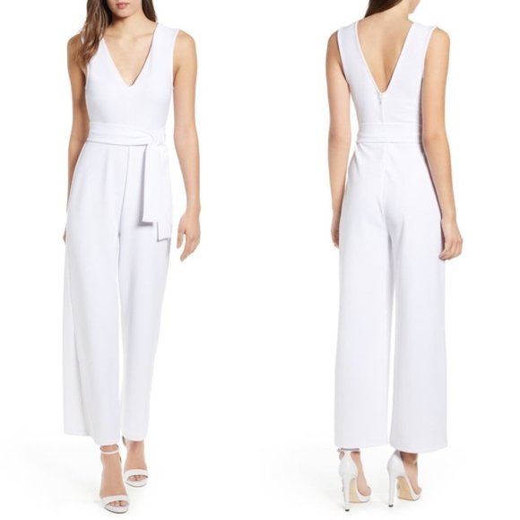 Leith Pants - Leith white v-neck belted tie waist jumpsuit